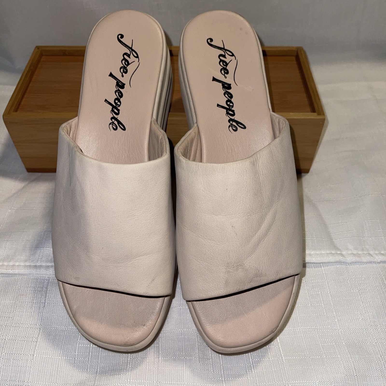 Free People Tan Leather Harbor Platform Sandals Wedge Slide 38.5 Women's 7.5- 8